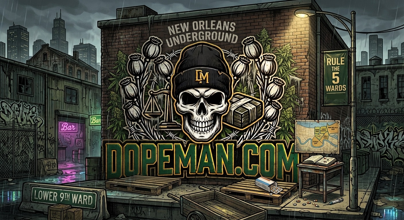 DopeMan.com skull emblem on a rain-soaked New Orleans street mural